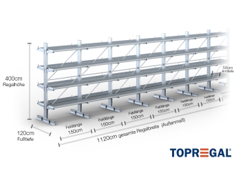 Double-sided galvanised cantilever rack with dimensioning