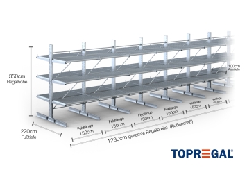 Double-sided galvanised cantilever rack with dimensioning