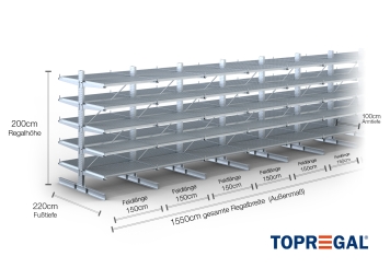 Double-sided galvanised cantilever rack with dimensioning