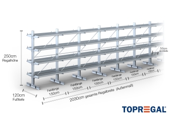 Double-sided galvanised cantilever rack with dimensioning