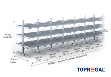 Double-sided galvanised cantilever rack with dimensioning