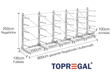Cantilever rack galvanised on one side with dimensioning