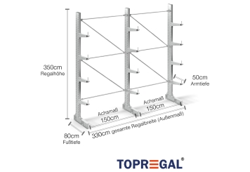 Cantilever rack galvanised on one side with dimensioning
