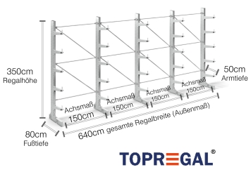 Cantilever rack galvanised on one side with dimensioning