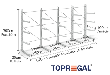 Cantilever rack galvanised on one side with dimensioning