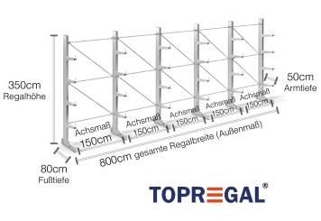 Cantilever rack galvanised on one side with dimensioning