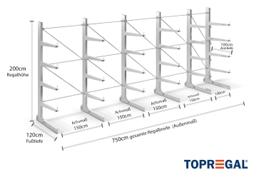 Cantilever rack galvanised on one side with dimensioning