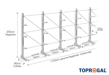 Cantilever rack galvanised on one side with dimensioning