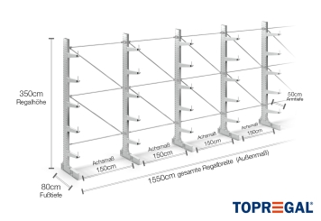 Cantilever rack galvanised on one side with dimensioning
