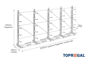 Cantilever rack galvanised on one side with dimensioning