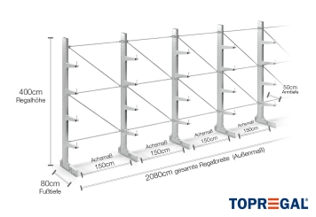 Cantilever rack galvanised on one side with dimensioning
