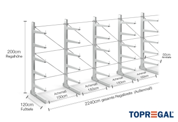 Cantilever rack galvanised on one side with dimensioning