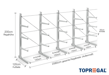 Cantilever rack galvanised on one side with dimensioning