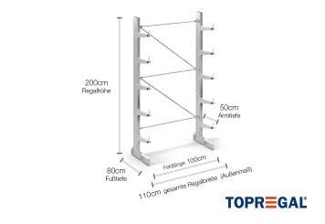 Cantilever rack galvanised on one side with dimensioning