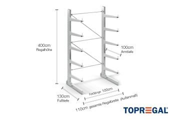 Cantilever rack galvanised on one side with dimensioning