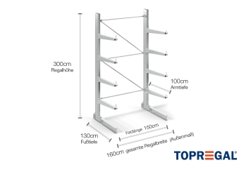Cantilever rack galvanised on one side with dimensioning