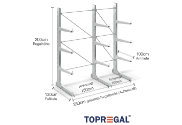 Cantilever rack galvanised on one side with dimensioning