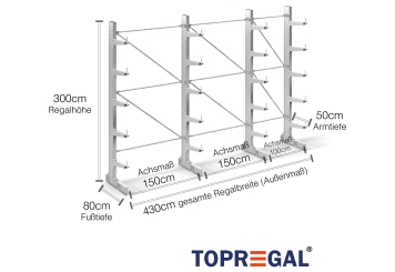 Cantilever rack galvanised on one side with dimensioning