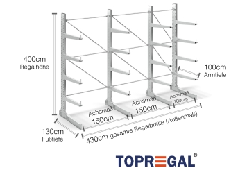 Cantilever rack galvanised on one side with dimensioning