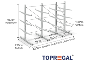 Cantilever rack galvanised on one side with dimensioning