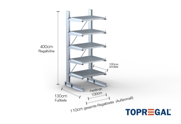 Cantilever rack galvanised on one side with dimensioning