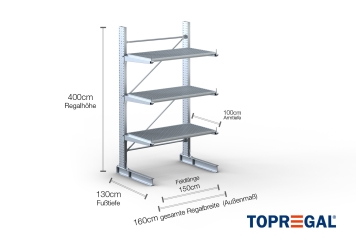 Cantilever rack galvanised on one side with dimensioning