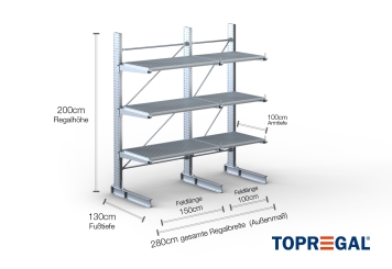 Cantilever rack galvanised on one side with dimensioning