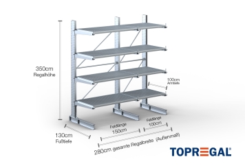 Cantilever rack galvanised on one side with dimensioning