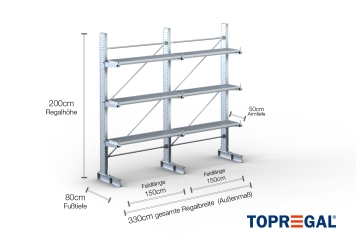Cantilever rack galvanised on one side with dimensioning