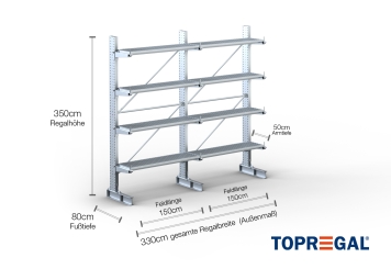 Cantilever rack galvanised on one side with dimensioning