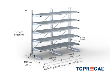 Cantilever rack galvanised on one side with dimensioning
