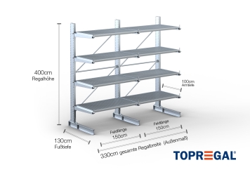 Cantilever rack galvanised on one side with dimensioning