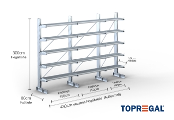Cantilever rack galvanised on one side with dimensioning