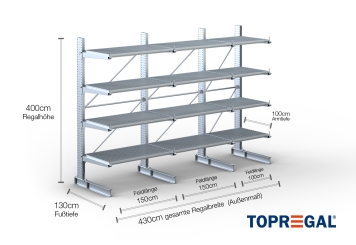 Cantilever rack galvanised on one side with dimensioning
