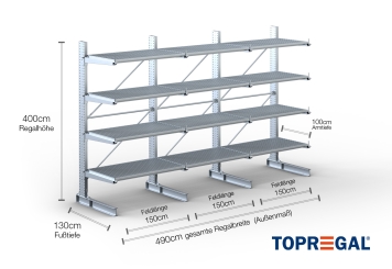 Cantilever rack galvanised on one side with dimensioning