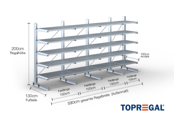 Cantilever rack galvanised on one side with dimensioning