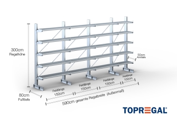 Cantilever rack galvanised on one side with dimensioning