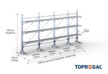 Cantilever rack galvanised on one side with dimensioning