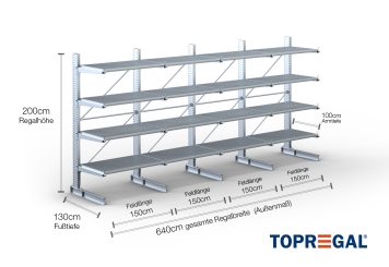 Cantilever rack galvanised on one side with dimensioning