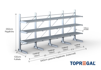 Cantilever rack galvanised on one side with dimensioning
