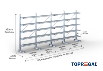 Cantilever rack galvanised on one side with dimensioning