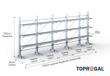 Cantilever rack galvanised on one side with dimensioning