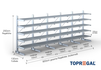 Cantilever rack galvanised on one side with dimensioning