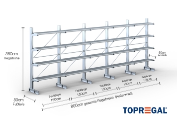 Cantilever rack galvanised on one side with dimensioning