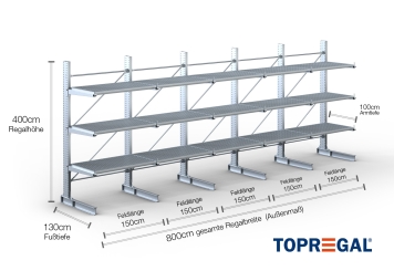 Cantilever rack galvanised on one side with dimensioning