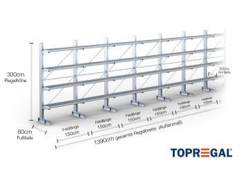 Cantilever rack galvanised on one side with dimensioning