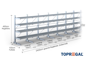 Cantilever rack galvanised on one side with dimensioning