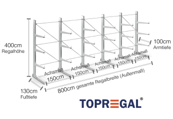 Cantilever rack galvanised on one side with dimensioning