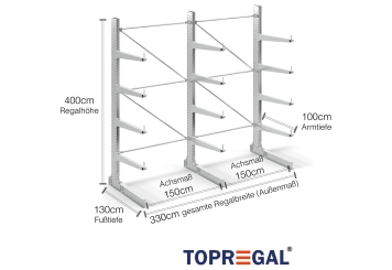 Cantilever rack galvanised on one side with dimensioning