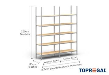 2 m heavy duty shelf FB200 / 30 cm deep / 2 m high / 5 levels / rack layer Wood / compartment load capacity 200 kg 